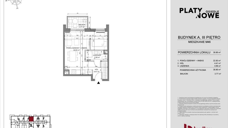 Rzut - Mieszkanie na sprzedaż 1 pokój o powierzchni 30,8 m² - numer A.46 w Osiedle Platynowe