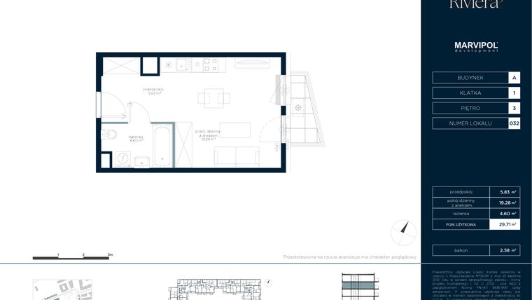 Rzut - Mieszkanie na sprzedaż 1 pokój o powierzchni 29,71 m² - numer A.M032 w Riviera⁵