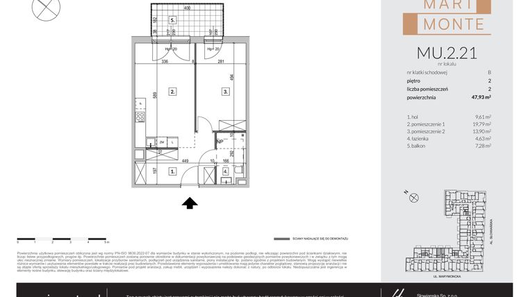 Rzut - Mieszkanie na sprzedaż 2 pokoje o powierzchni 47,93 m² - numer MU.2.21 w Marimonte - apartamenty inwestycyjne