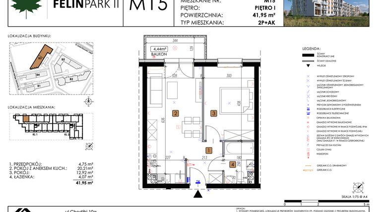 Rzut - Mieszkanie na sprzedaż 2 pokoje o powierzchni 41,95 m² - numer M15 w Felin Park II etap 2