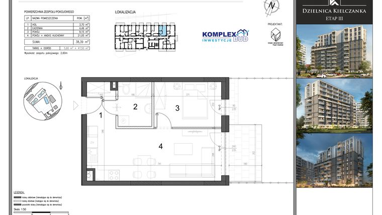Rzut - Mieszkanie na sprzedaż 2 pokoje o powierzchni 38,39 m² - numer ZP8 w Dzielnica Kielczanka etap III