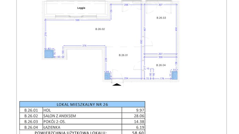 Rzut - Mieszkanie na sprzedaż 3 pokoje o powierzchni 58,6 m² - numer B.26 w Gaja Park