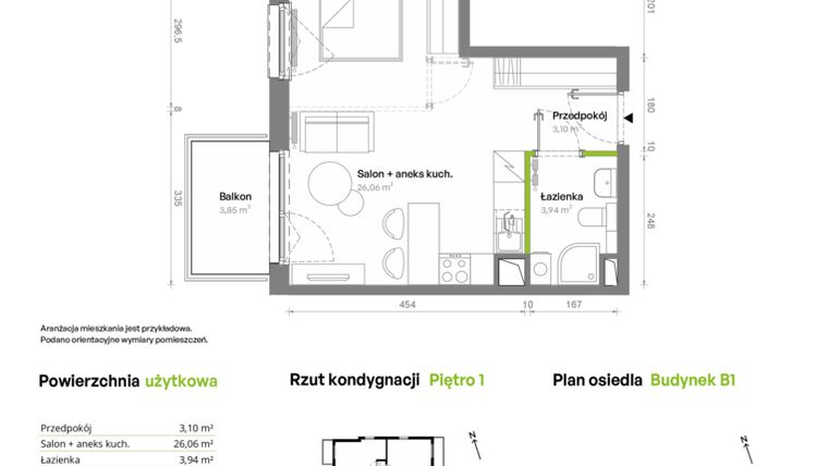 Rzut - Mieszkanie na sprzedaż 1 pokój o powierzchni 33,1 m² - numer B1.01.10 w Południe Vita