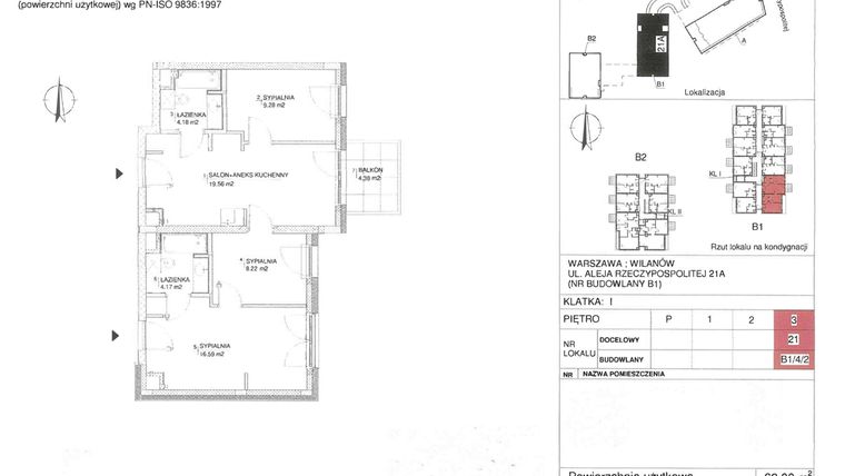 Rzut - Mieszkanie na sprzedaż 4 pokoje o powierzchni 62 m² - numer 21 w RZ21