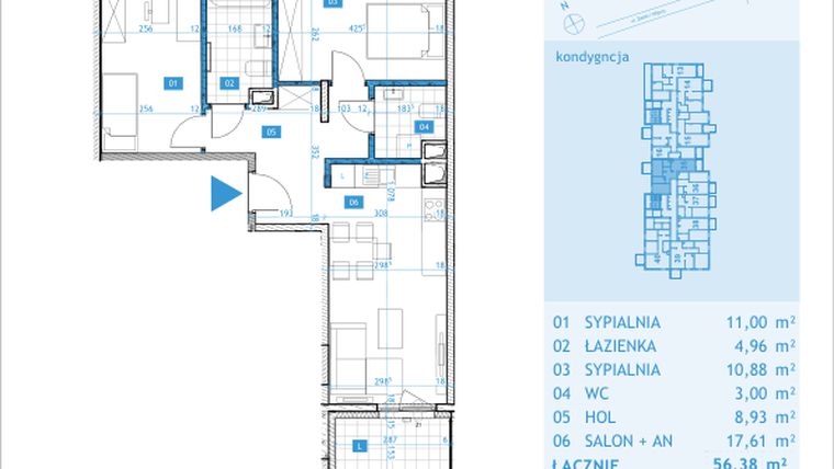 Rzut - Mieszkanie na sprzedaż 3 pokoje o powierzchni 58,85 m² - numer 35 w Osiedle Botaników etap D
