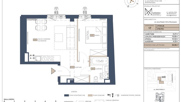 Rzut - Mieszkanie na sprzedaż 2 pokoje o powierzchni 39,86 m² - numer 17 w Apartamenty Jana Pawła 34