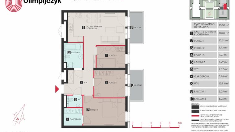 Rzut - Mieszkanie na sprzedaż 4 pokoje o powierzchni 73,35 m² - numer C39 w Osiedle Olimpijczyk II etap