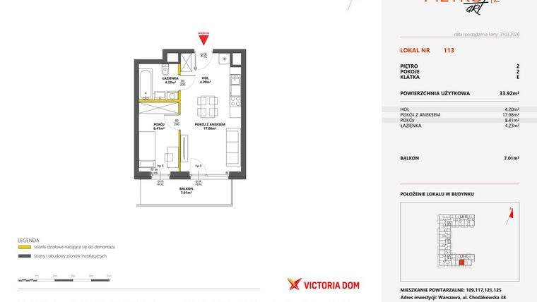 Rzut - Mieszkanie na sprzedaż 2 pokoje o powierzchni 33,92 m² - numer 113 w Metro Art 12