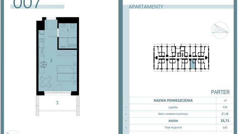 Rzut - Mieszkanie na sprzedaż 1 pokój o powierzchni 25,71 m² - numer 007 w Linea Mare Mrzeżyno