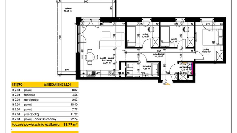 Rzut - Mieszkanie na sprzedaż 4 pokoje o powierzchni 66,34 m² - numer B 2.04 w Park Moniuszki II C