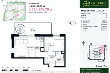 Rzut - Mieszkanie na sprzedaż 2 pokoje o powierzchni 41,56 m² - numer C1.M14 w Apartamenty przy Parku Szczytnickim