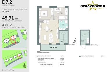Rzut - Mieszkanie na sprzedaż 3 pokoje o powierzchni 49,66 m² - numer D7.2 w Gwiazdowo II