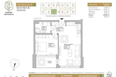 Rzut - Mieszkanie na sprzedaż 2 pokoje o powierzchni 49,82 m² - numer M1 w Ogrody Reymonta