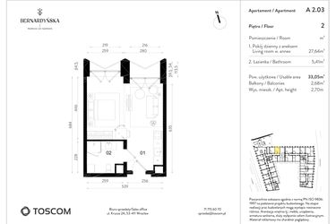 Rzut - Mieszkanie na sprzedaż 1 pokój o powierzchni 33,06 m² - numer A/2/03 w Bernardyńska 4