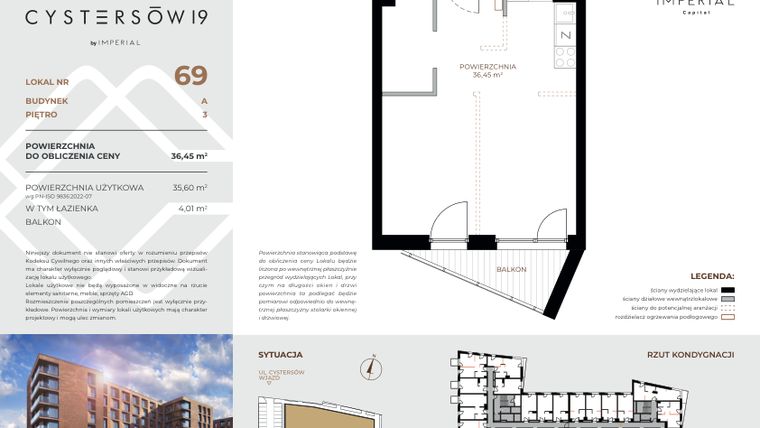 Rzut - Mieszkanie na sprzedaż 1 pokój o powierzchni 36,45 m² - numer 69 w Cystersów 19 - lokale inwestycyjne