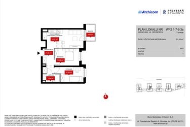 Rzut - Mieszkanie na sprzedaż 3 pokoje o powierzchni 51,54 m² - numer WR3 1/7/6/3a w Przystań Reymonta etap II