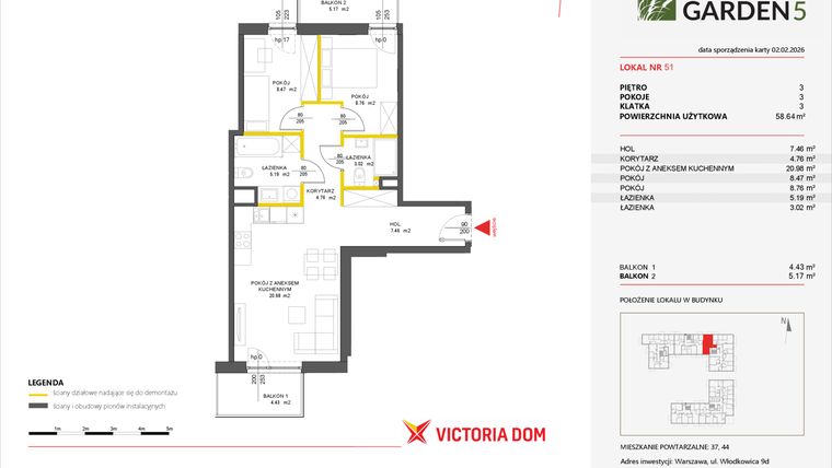 Rzut - Mieszkanie na sprzedaż 3 pokoje o powierzchni 59,15 m² - numer 51 w Nova Viva Garden 5