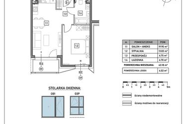 Rzut - Mieszkanie na sprzedaż 2 pokoje o powierzchni 43,18 m² - numer B.3.1 w GreenLine