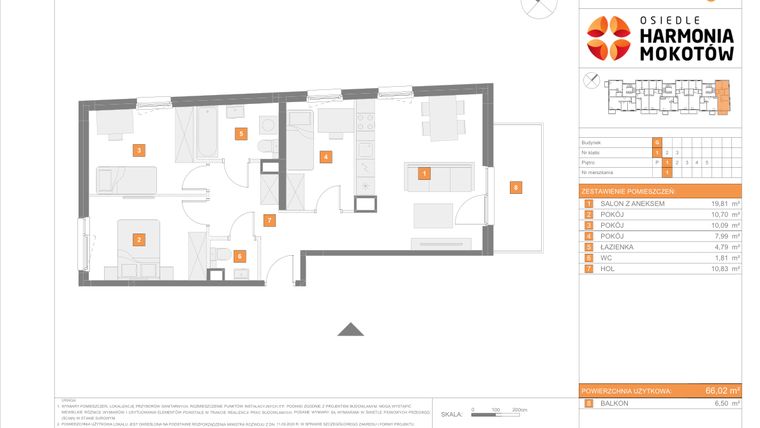 Rzut - Mieszkanie na sprzedaż 4 pokoje o powierzchni 66,02 m² - numer G.1 w Osiedle Harmonia Mokotów etap 2