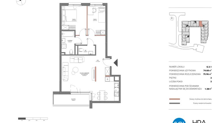 Rzut - Mieszkanie na sprzedaż 3 pokoje o powierzchni 75,96 m² - numer G.3.1 w Łopuszańska 47 - etap 2