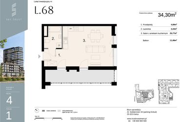 Rzut - Mieszkanie na sprzedaż 1 pokój o powierzchni 34,3 m² - numer L68 w Sky Trust etap II - apartamenty inwestycyjne 23% VAT PRS