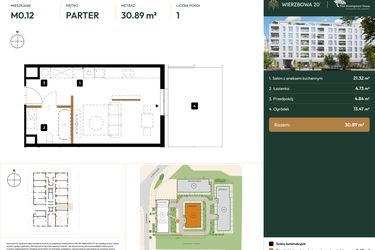 Rzut - Mieszkanie na sprzedaż 1 pokój o powierzchni 30,89 m² - numer B2.0.12 w Wierzbowa 20