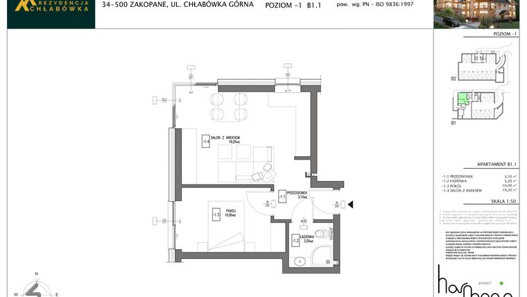 Rzut - Mieszkanie na sprzedaż 2 pokoje o powierzchni 35,5 m² - numer B1.1 w Rezydencja Chłabówka
