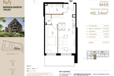 Rzut - Mieszkanie na sprzedaż 2 pokoje o powierzchni 48,34 m² - numer M48 w Massalskiego Trust
