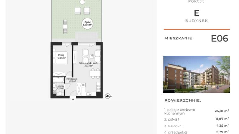Rzut - Mieszkanie na sprzedaż 2 pokoje o powierzchni 46,13 m² - numer E06 w Na Koszutce II