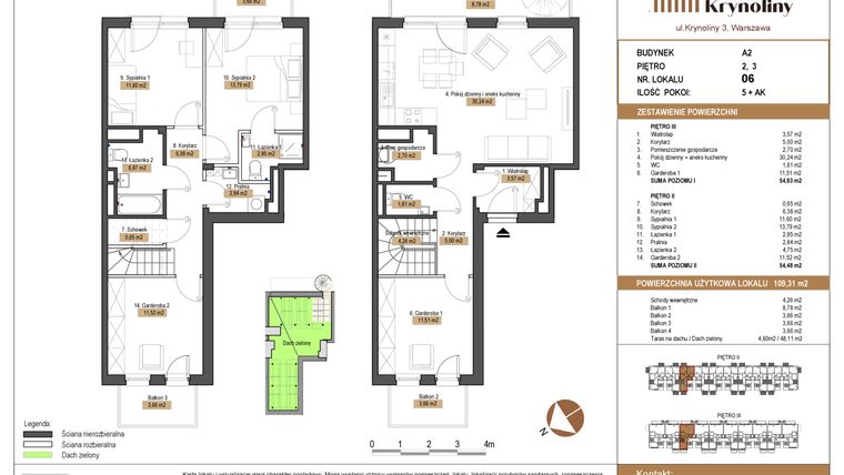 Rzut - Mieszkanie na sprzedaż 5 pokoi o powierzchni 109,31 m² - numer 06.A2 w Apartamenty Krynoliny