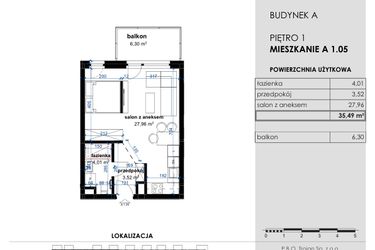 Rzut - Mieszkanie na sprzedaż 1 pokój o powierzchni 35,49 m² - numer A 1.05 w Osiedle Kwiatowe