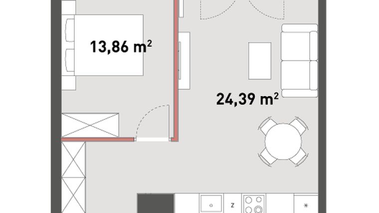 Rzut - Mieszkanie na sprzedaż 2 pokoje o powierzchni 46,88 m² - numer A.04.13 w Żelazna 54