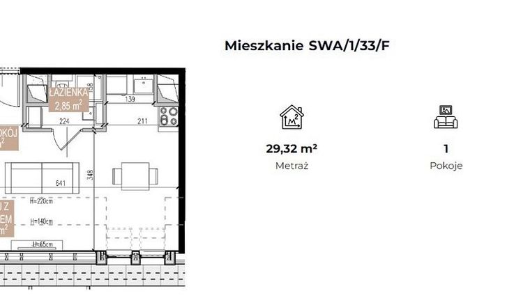 Rzut - Mieszkanie na sprzedaż 1 pokój o powierzchni 29,32 m² - numer SWA/1/33/F w Apartamenty Świeradowska
