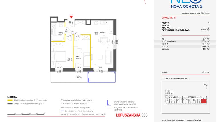 Rzut - Mieszkanie na sprzedaż 3 pokoje o powierzchni 53,31 m² - numer 51 w Neo Nova Ochota 2