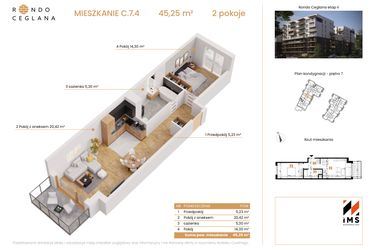 Rzut - Mieszkanie na sprzedaż 2 pokoje o powierzchni 45,19 m² - numer C.7.4 w Rondo Ceglana etap II