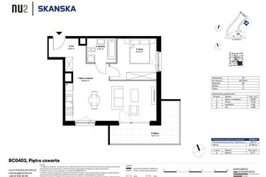 Rzut - Mieszkanie na sprzedaż 2 pokoje o powierzchni 47,05 m² - numer BC0403 w NU2 Warszawa Wola