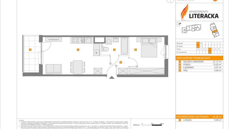Rzut - Mieszkanie na sprzedaż 2 pokoje o powierzchni 44,06 m² - numer A.12 w Apartamenty Literacka
