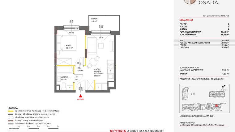 Rzut - Mieszkanie na sprzedaż 2 pokoje o powierzchni 32,6 m² - numer E.112 w Piastova Osada