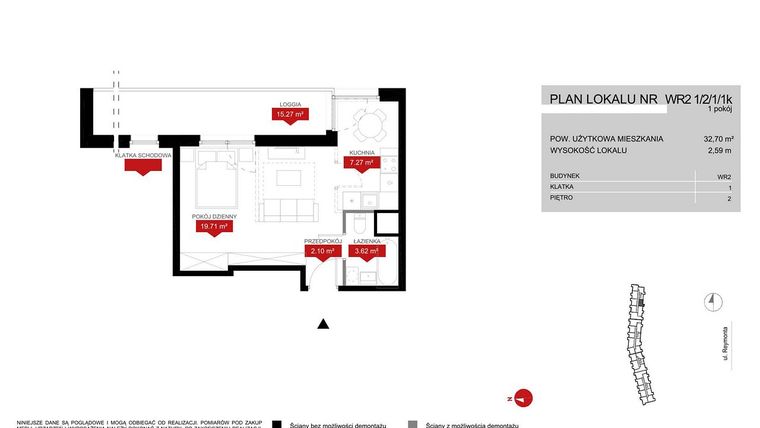 Rzut - Mieszkanie na sprzedaż 1 pokój o powierzchni 32,7 m² - numer WR2 1/2/1/1k w Przystań Reymonta