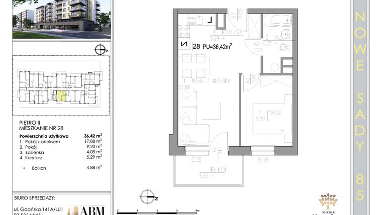 Rzut - Mieszkanie na sprzedaż 2 pokoje o powierzchni 36,42 m² - numer 28 w Nowe Sady 85