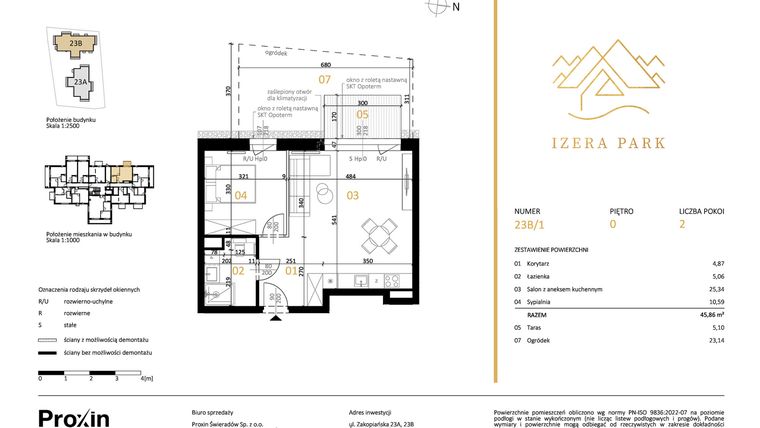 Rzut - Mieszkanie na sprzedaż 2 pokoje o powierzchni 45,86 m² - numer 23B/1 w Izera Park