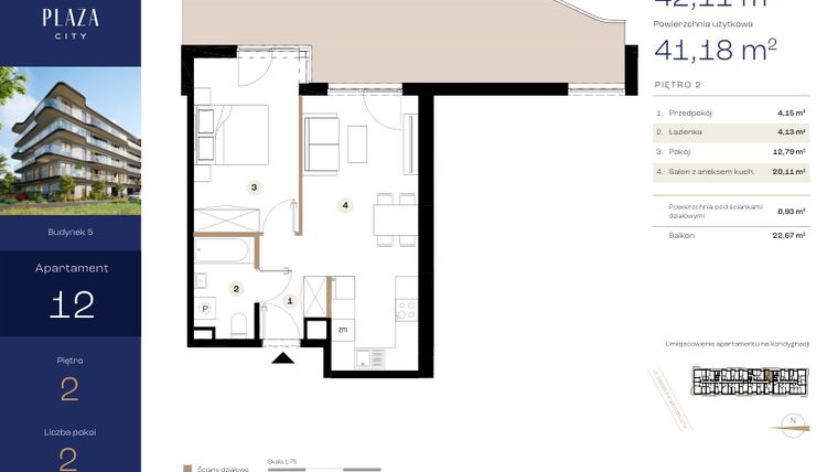 Rzut - Mieszkanie na sprzedaż 2 pokoje o powierzchni 42,11 m² - numer B5M12 w Plaza City