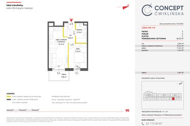 Rzut - Mieszkanie na sprzedaż 2 pokoje o powierzchni 39,33 m² - numer 119 w Concept Ćwiklińska