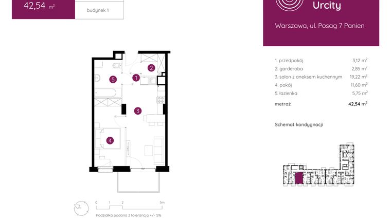 Rzut - Mieszkanie na sprzedaż 2 pokoje o powierzchni 42,54 m² - numer 1.B.1.04 w Murapol Urcity