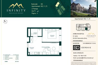 Rzut - Mieszkanie na sprzedaż 2 pokoje o powierzchni 34,71 m² - numer B3.-1.3 w Infinity Mountain Resort