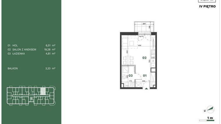 Rzut - Mieszkanie na sprzedaż 1 pokój o powierzchni 30,6 m² - numer 61 w Przewóz Solar Garden