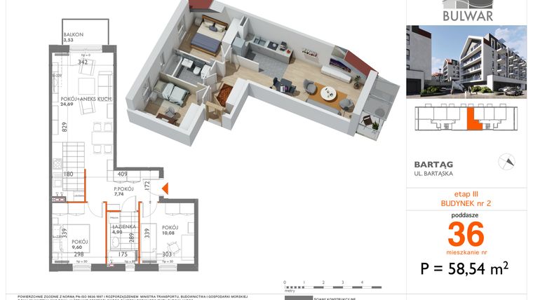 Rzut - Mieszkanie na sprzedaż 3 pokoje o powierzchni 58,54 m² - numer 36 w Bulwar bud. 2
