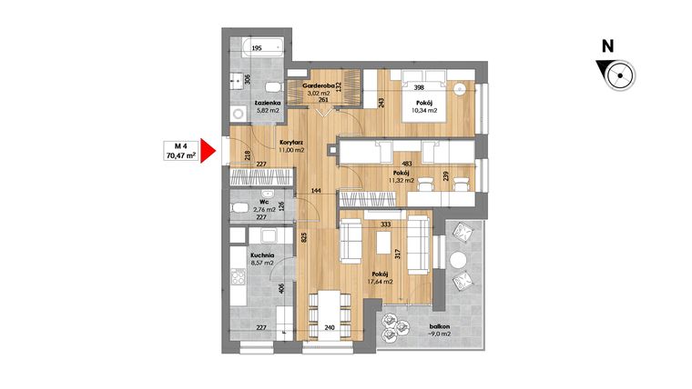 Rzut - Mieszkanie na sprzedaż 3 pokoje o powierzchni 70,47 m² - numer M4 w Przy Kochanowskiego