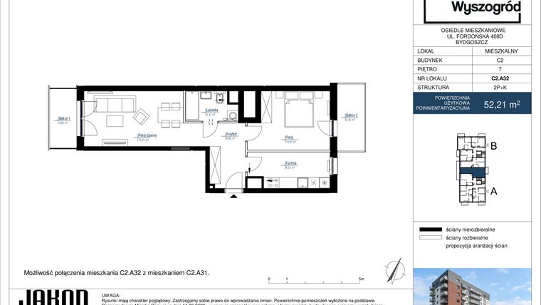 Rzut - Mieszkanie na sprzedaż 2 pokoje o powierzchni 52,21 m² - numer C2.A32 w Nowy Wyszogród etap II