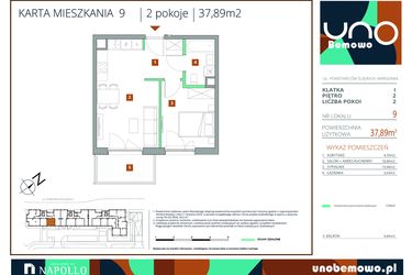 Rzut - Mieszkanie na sprzedaż 2 pokoje o powierzchni 37,89 m² - numer 9 w UNO Bemowo